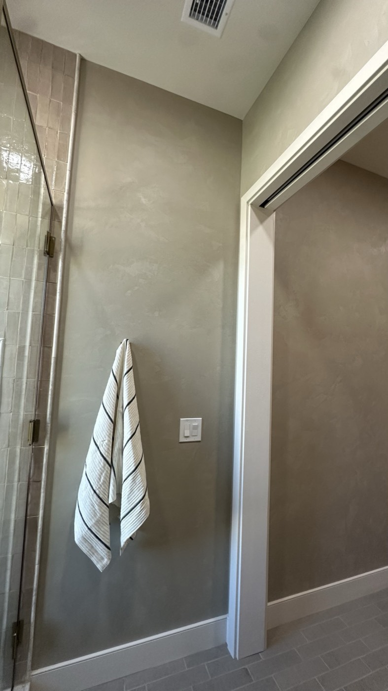 Tadelakt plaster wall beside a glass shower enclosure, Phoenix